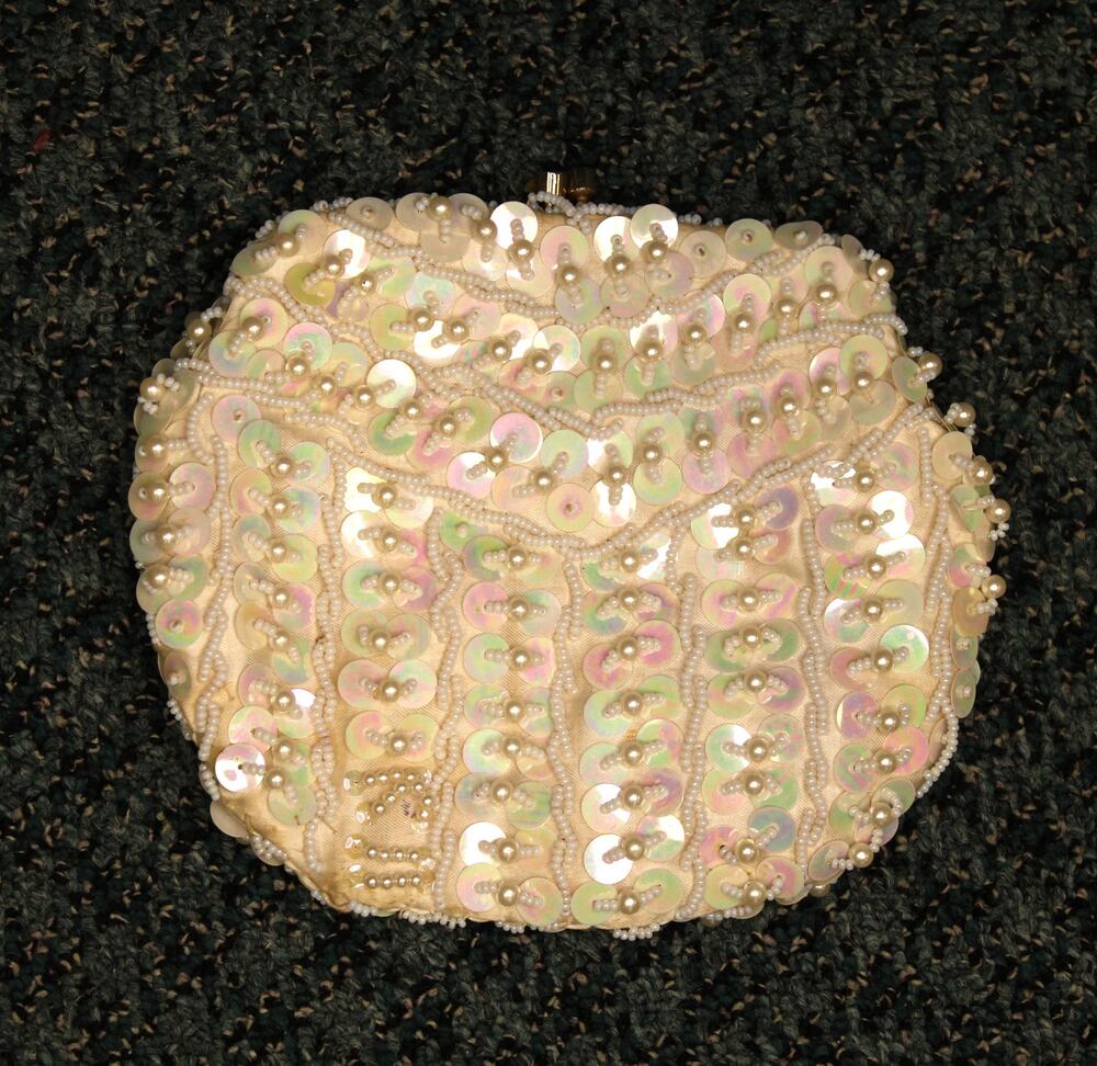 Vintage Hand Made Cream Colored Sequin Clutch with Silk Lining and Gold Chain